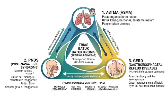Tiga penyebab tersering batuk kronis: asma, GERD, dan post-nasal drip