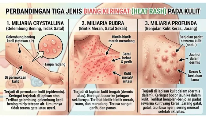 Biang Keringat: Penyebab dan Cara Mengobati 2 Tiga jenis biang keringat: gelembung bening (crystallina), bintik merah gatal (rubra), dan benjolan warna kulit (profunda)